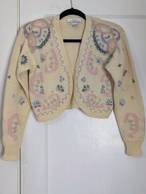 Vintage Petite Illustrations Beaded Cropped Cardigan Petite Small